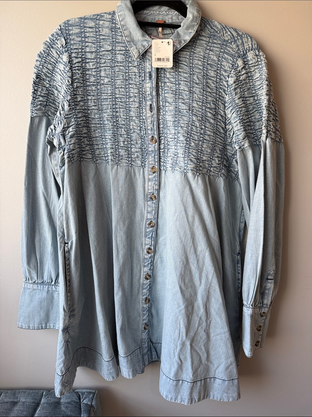 Free People Find Me Now denim Blue Smocked Yoke Denim Mini Dress Small - Picture 1 of 8